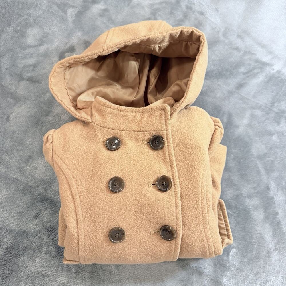 Old Navy Wool Peacoat Girls Tan Double Breasted Hooded Jacket Sz 3T 3A - Picture 6 of 13
